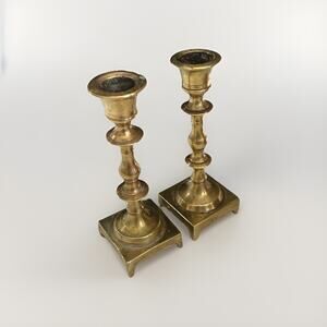 Vintage Mini Brass England English Candlestick Holders 4 1/4” Patina